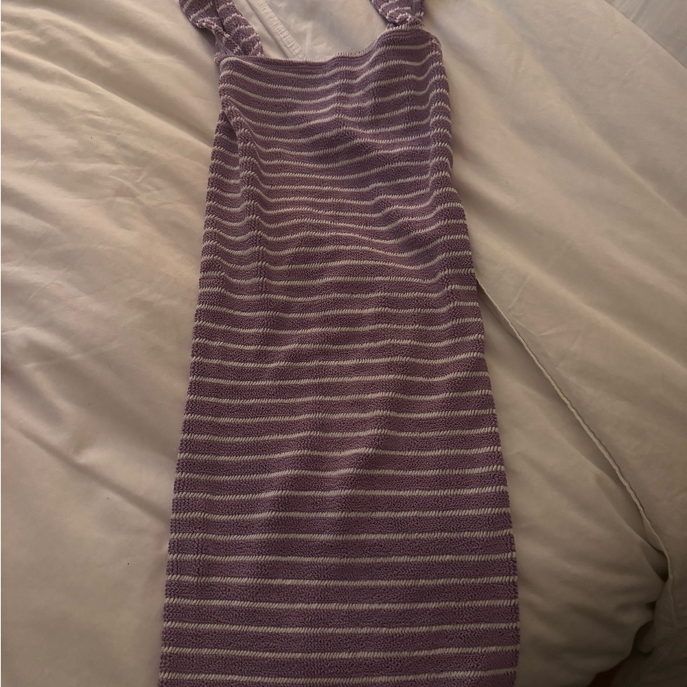 Hunza G Purple and White Bodycon Midi Dress